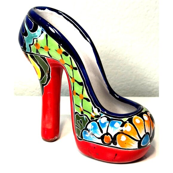 Talavera High Heel Mexican Hand Painted Pottery Ceramic Shoe Planter/ Trinket - Picture 3 of 5